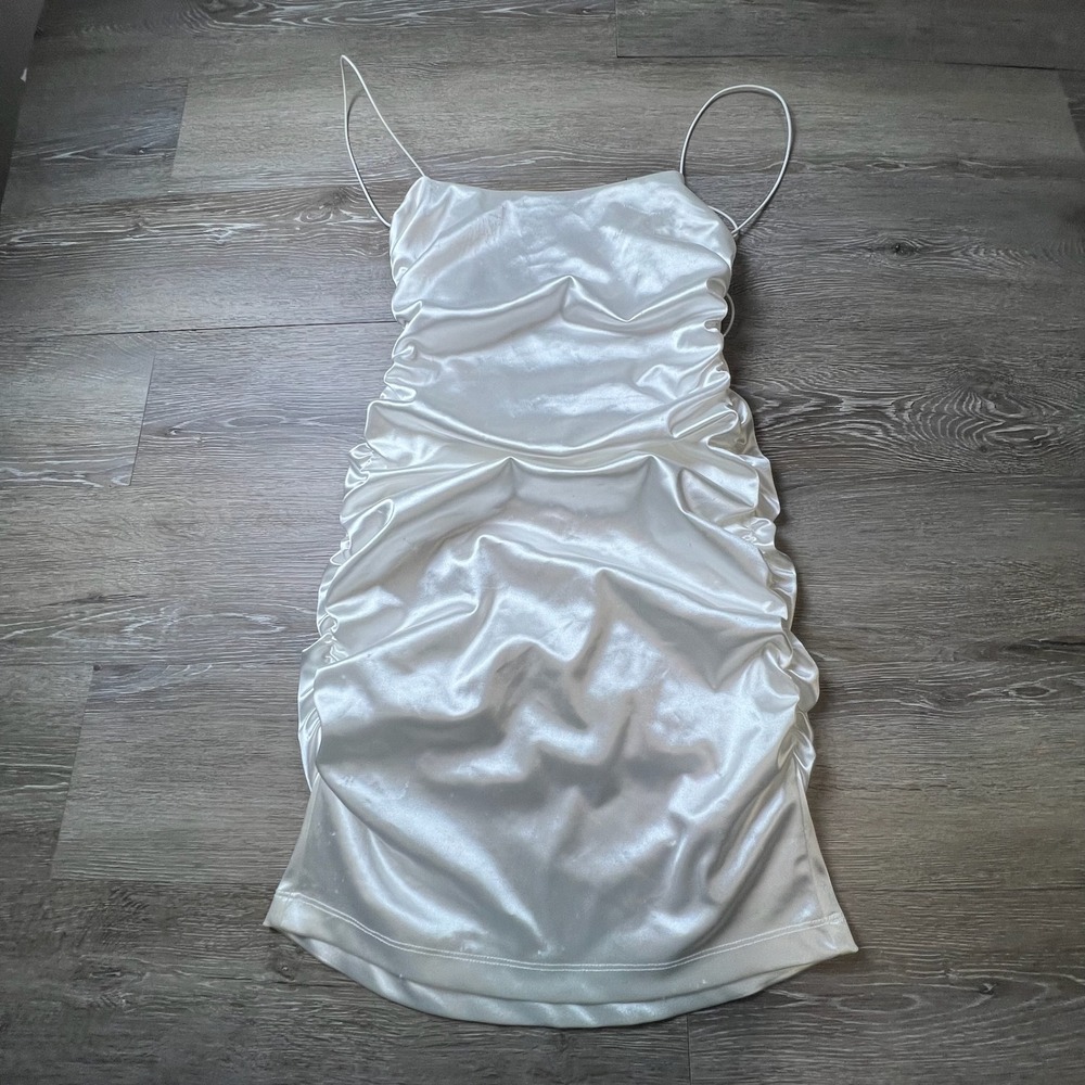 Emerald Sundae Bodycon Dress Womens Small White Ruched Satin Mini Party Clubwear